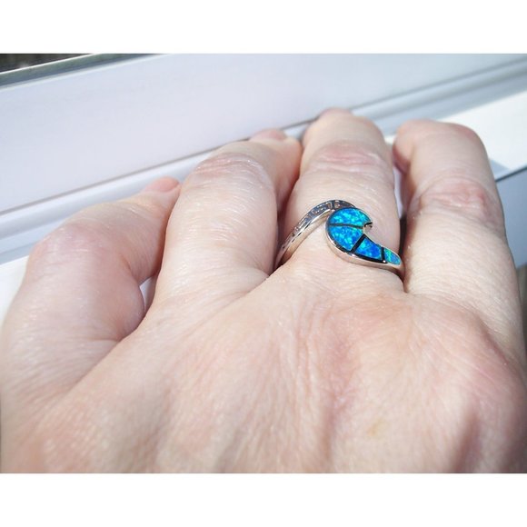 925 STERLING SILVER Lab Created Blue Fire Opal Greek Key & Wave Ring - Picture 4 of 16